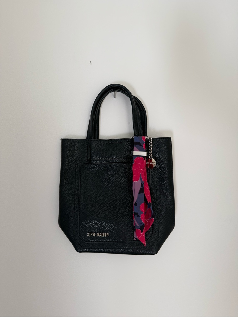 Steve Madden Black Pebbled Tote with Pink & Purple Scarf Charm